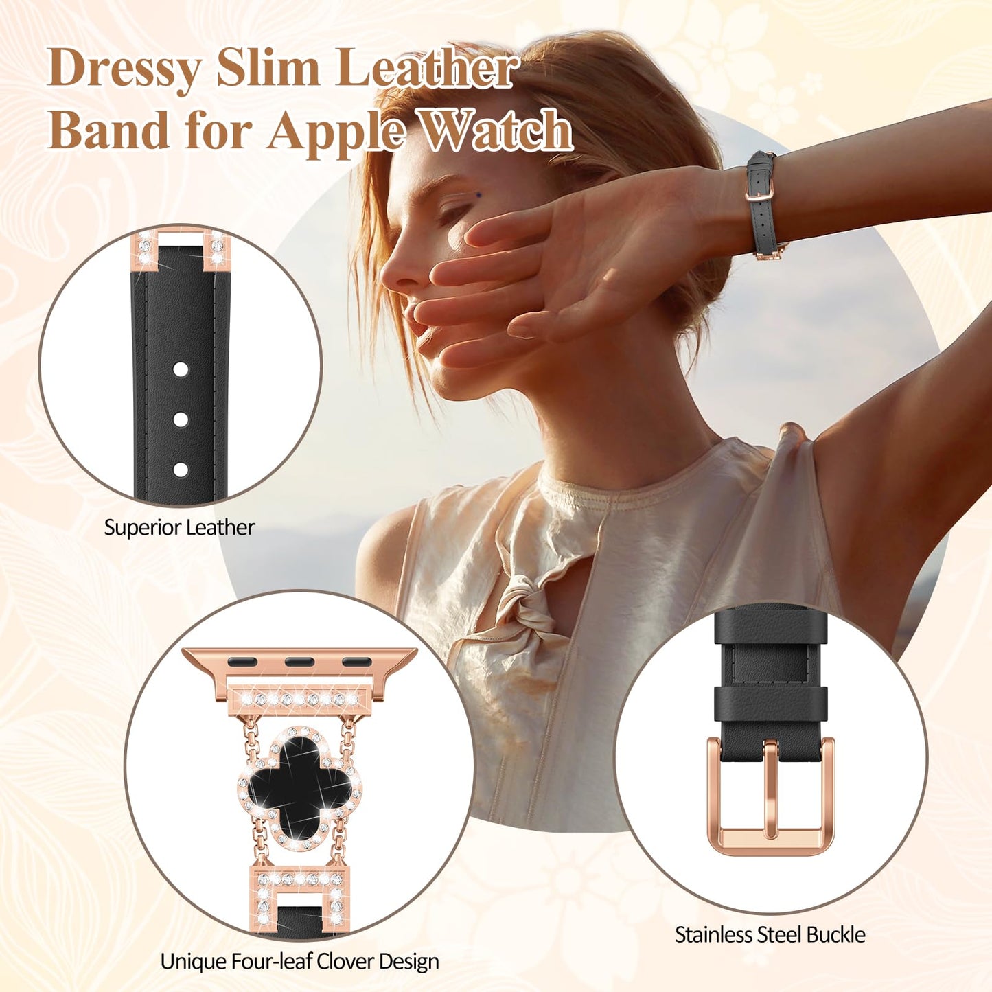 SOLOLUP Leather Band Compatible with Apple Watch Bands for Women 40mm 41mm 42mm 38mm,Dressy Slim Thin Cute Bracelet with Bling Buckle Metal Link Chain Band for iWatch 11 10 9 8 7 6 5 4 3 SE 3/2/1