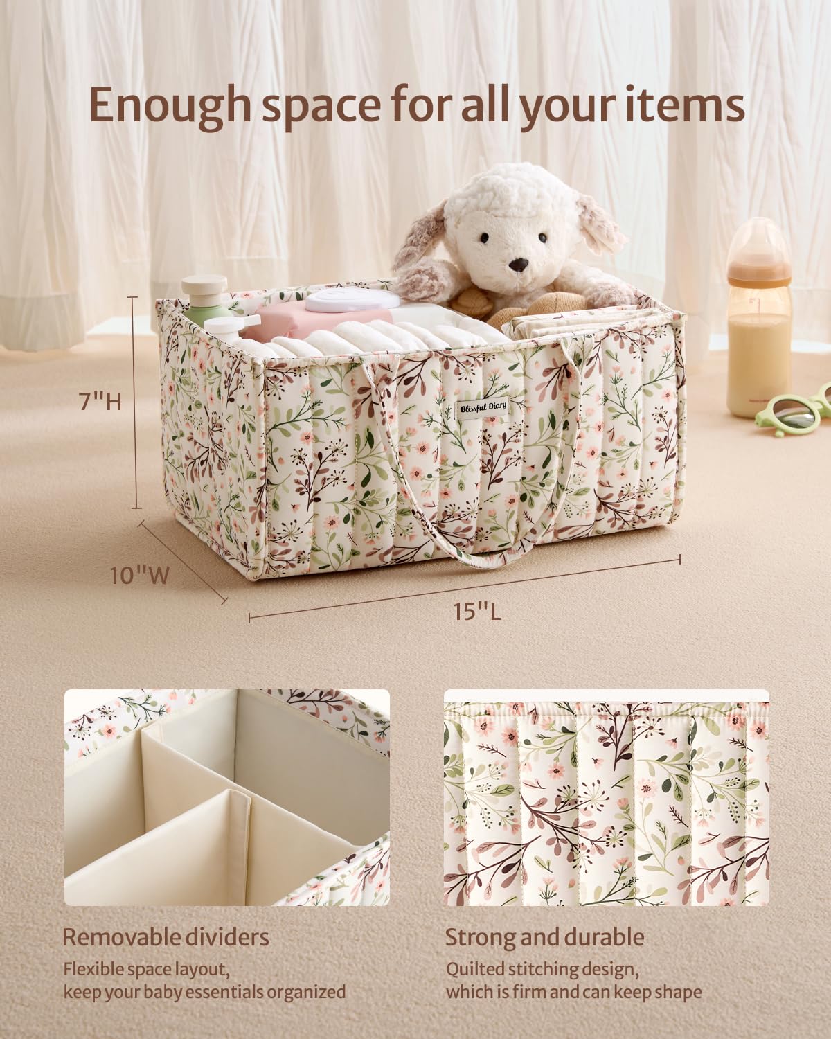 Blissful Diary Floral Diaper Caddy Organizer, Stylish Nursery Storage Basket, Gift for Baby Shower, Baby Registry Must Have, Newborn Essentials, Pastoral Daisy