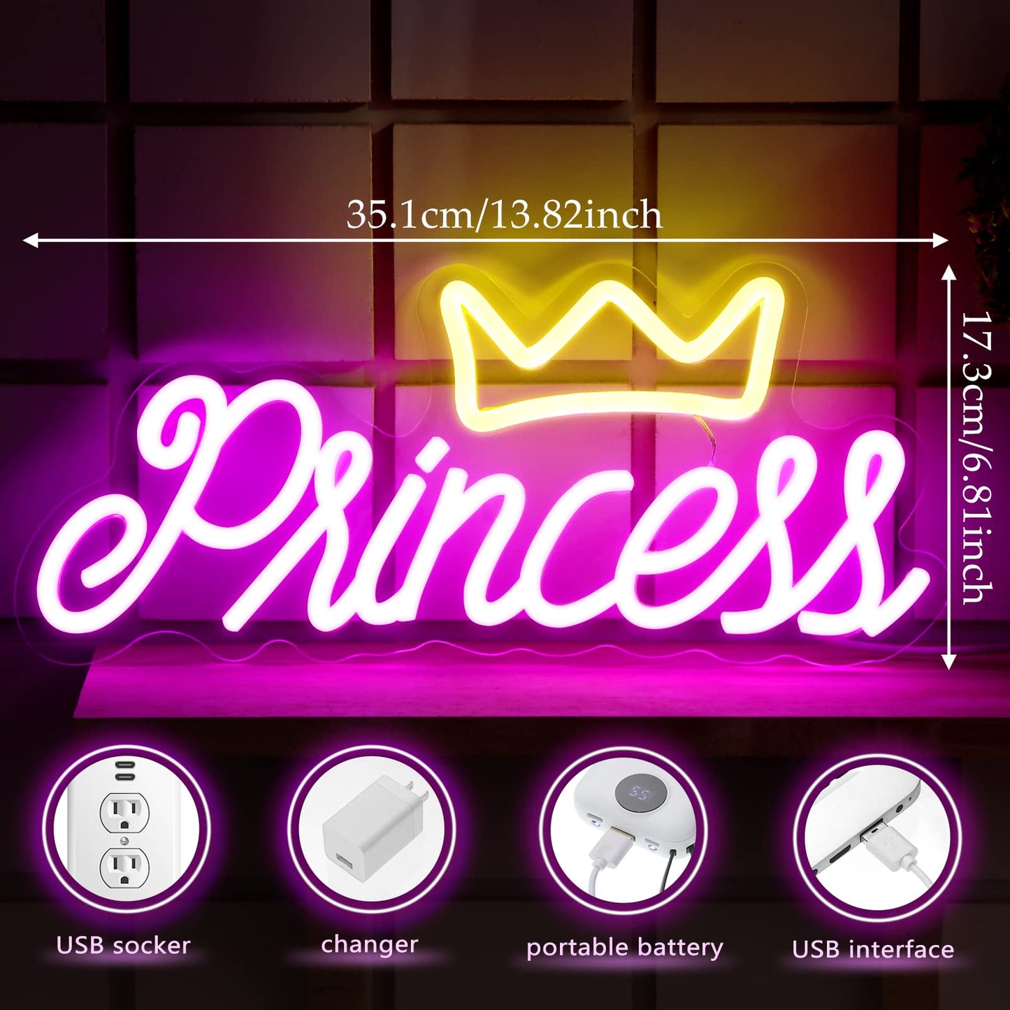 Ganeen Crown Neon Sign for Wall Decor Princess LED Neon Light Hanging Sign for Bedroom Decorative LED Wall Decor with USB Power for Room Wedding Party Bar Christmas Gift