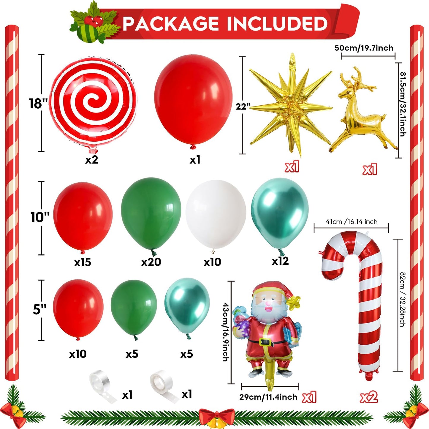 Christmas Balloons Garland Arch Kit Red White Green Xmas Decoration Balloon with Candy Gingerbread Elk Santa Claus Merry Christmas Foil Balloons for New Year Winter Holiday Christmas Party Decorations