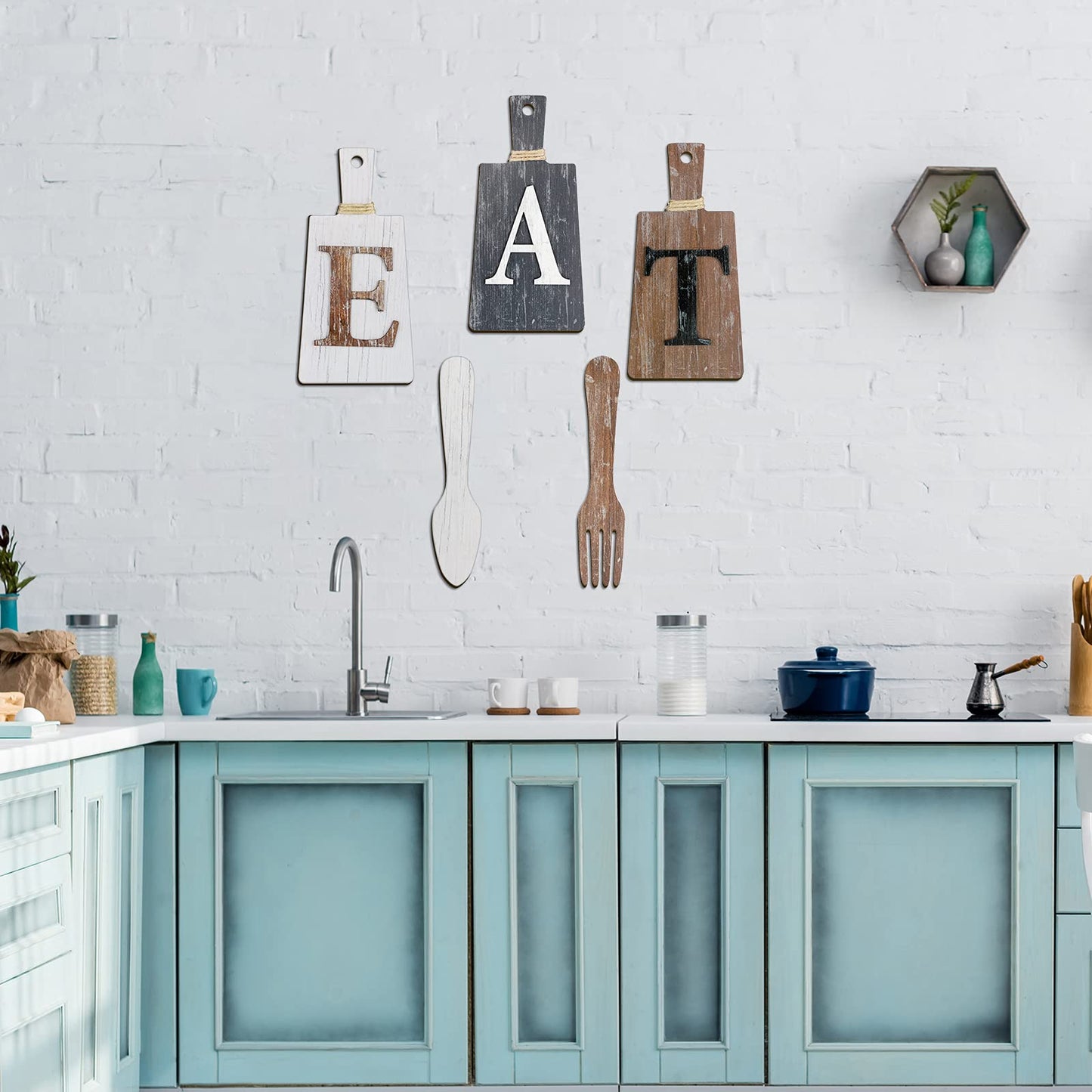 Jetec Cutting Board Eat Sign Set Hanging Art Kitchen Eat Sign Fork and Spoon Wall Decor Rustic Primitive Country Farmhouse Kitchen Decor for Home Decoration(White, Grey,brown)