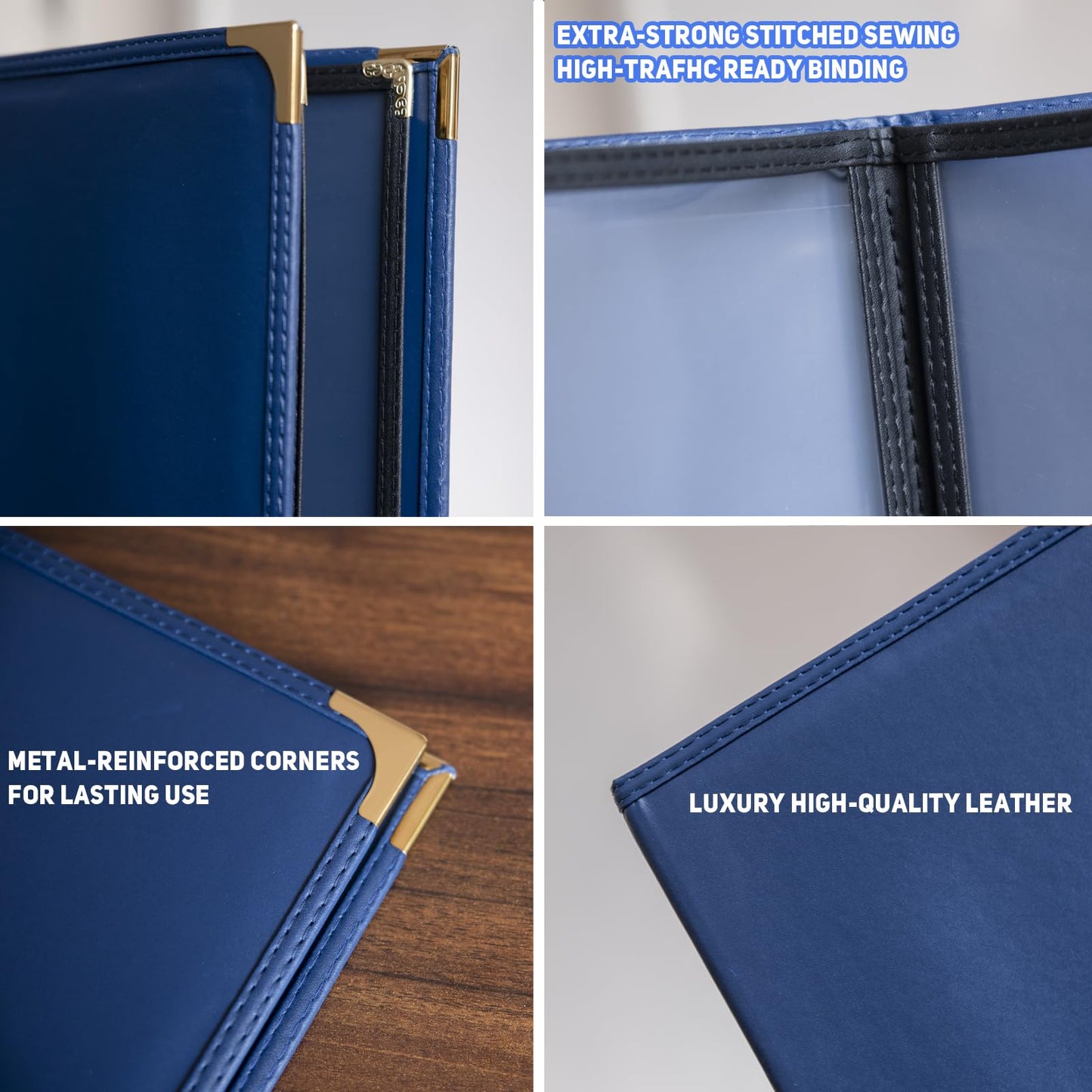Restaurant Menu Covers 8.5×11 – 8 Page 16 View Menu Sleeve, Premium Navy Faux Leather, Waterproof Durable Menu Holder for Bar Cafe Hotel, 2 Pack