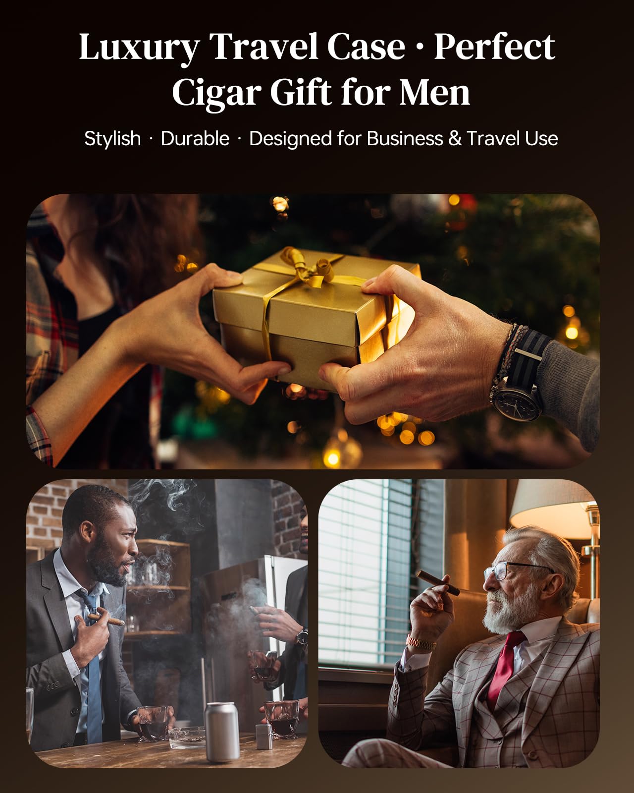 DGHOPE Cigar Humidor, Holds 6 Cigars (Max 7”/Ring 60), Spanish Cedar Lined, Hygrometer & Humidifier w/Dropper, 3-Pocket Storage, Gift (Brown)