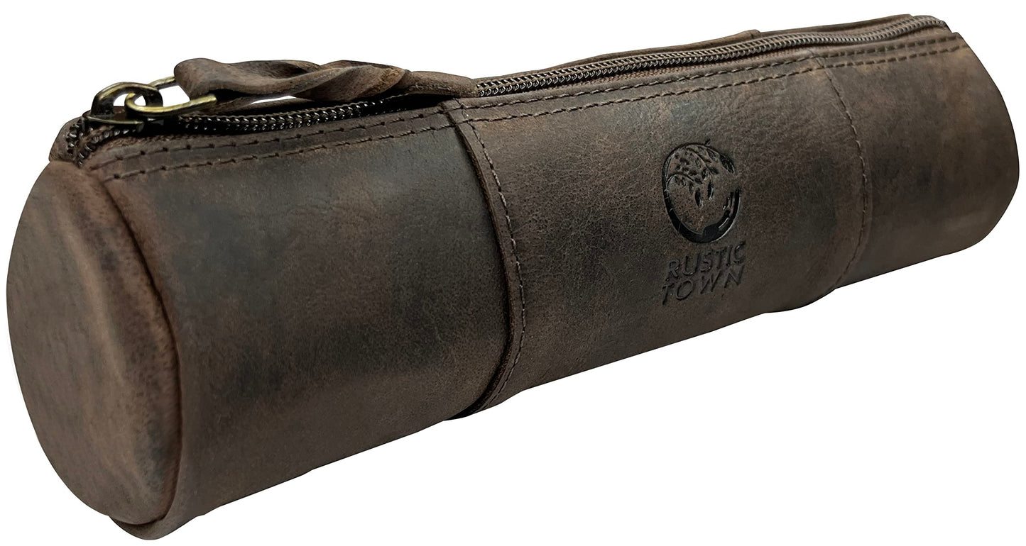 Leather Pencil Case - Full Grain Leather Zippered Pen Pouch - Stationery Bag Pen Holder for Work & Office, Walnut, M, Professional Pencil Case