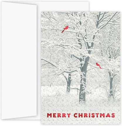 Masterpiece Snowy Trees And Cardinals Christmas Cards / 15 Winter Holiday Cards Set With Glitter And Red Foil With White Envelopes / 5 5/8" x 7 7/8" Sparkling Snow Greeting Cards With Inside Verse
