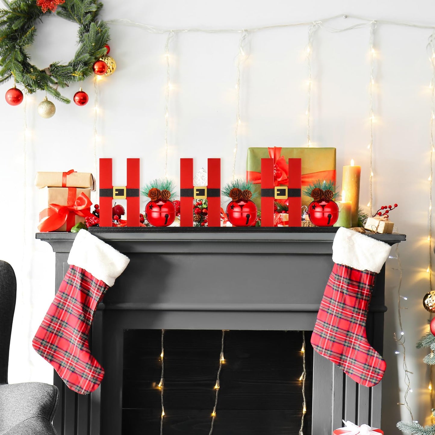 AceOrbit Christmas Table Decorations 13.7 Inches Hohoho Sign with Red Glitter Bells, 3D Christmas Letters Wood Freestanding Tabletop Centerpiece Santa Claus Design for Home Xmas Holiday Decor