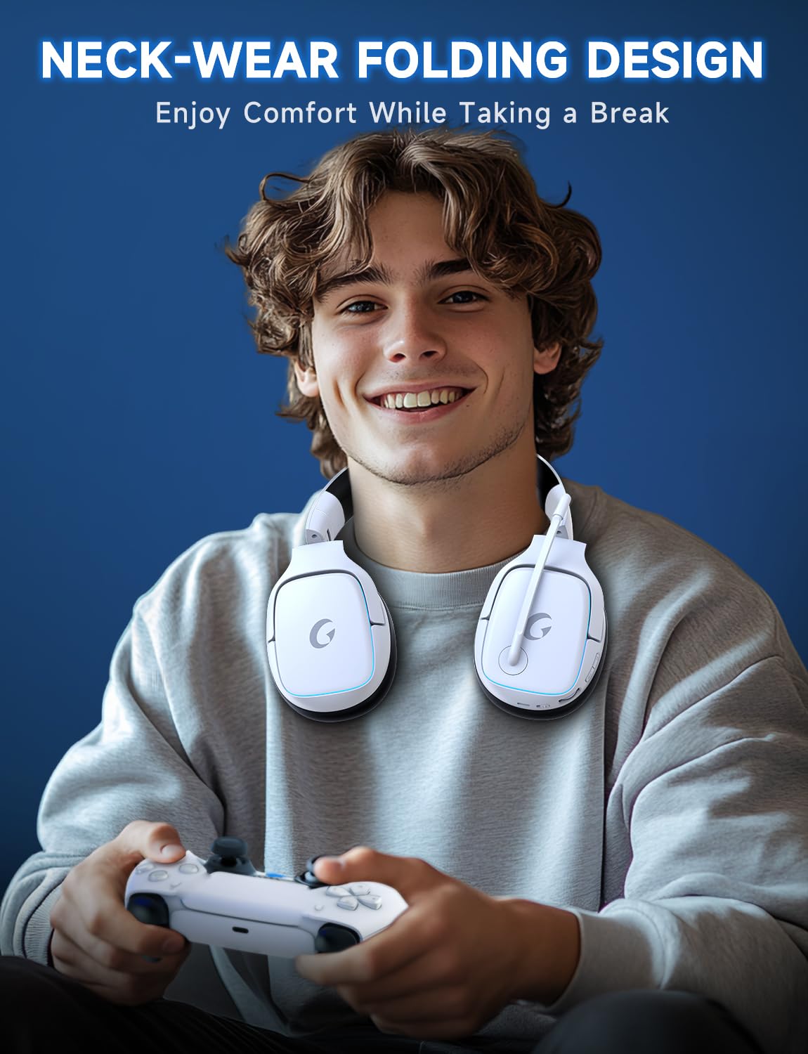 Gvyugke 2.4GHz Wireless Gaming Headsets for PS5, PS4, PC, Switch - Bluetooth 5.3 Gaming Headphones with Noise Canceling Mic, 7.1 Surround Sound, 70H Battery, Blue Lighting - White