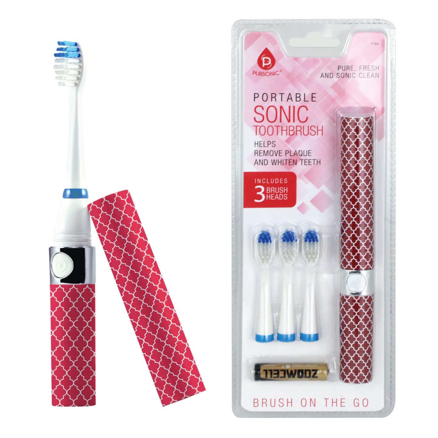 Pursonic Portable Sonic Toothbrush Battery Operated, Battery Included, 3 Brush Heads Included, 22,000 Strokes Per Minute, Brush On The Go (Blue)