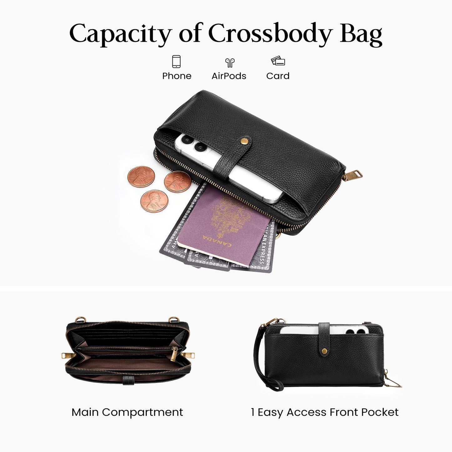 befen Genuine Leather Wristlet Wallets for Women, Black Cell Phone Purse with Built in Wallet Soft Real Leather Crossbody Bag with RFID Blocking Travel Small Cluth Purse with Wrist and Crossbody Strap