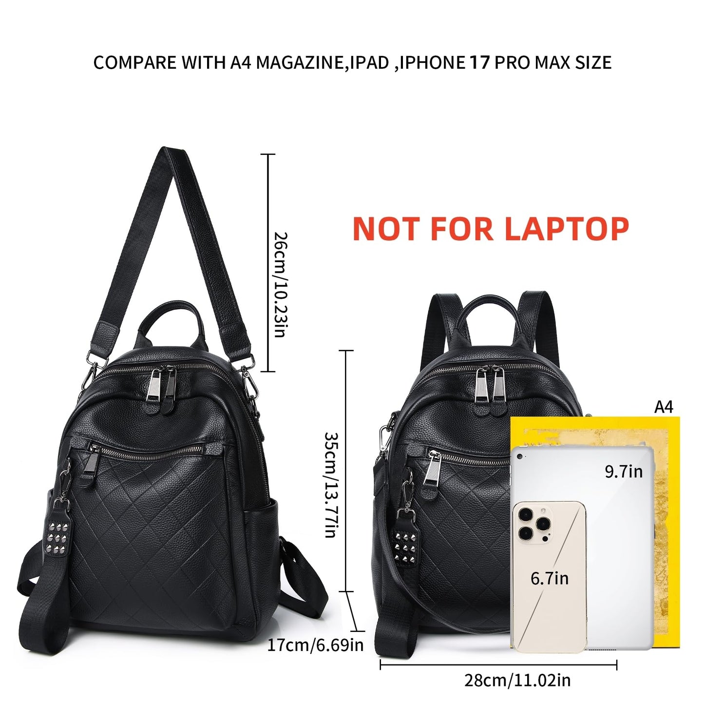 Wesccimo Genuine Leather Backpack Purse For Women Black Quilted Real Soft Leather Fashion Designer Convertible Ladies Shoulder Bag