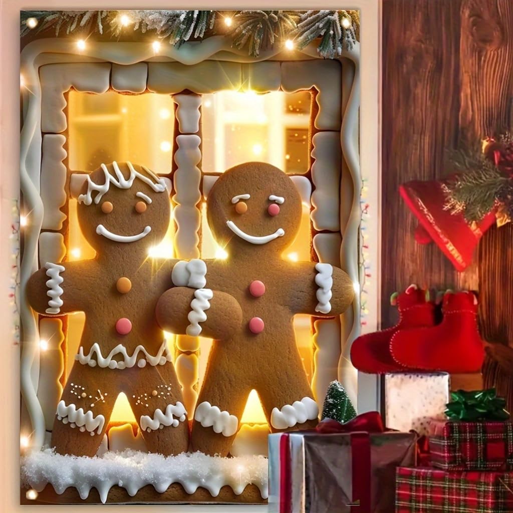Tomhong Gingerbread Couple Christmas Window Banner 31x47 Inch Holiday Decoration Snowy Scene with Garland for Indoor Outdoor Home Wall or Window Display Cozy Christmas Decor
