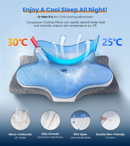 Ultra Pain Relief Cooling Pillow for Neck Support, Adjustable Cervical Neck Pillow Cozy Sleeping, Odorless Ergonomic Contour Memory Foam Pillows, Orthopedic Bed Pillow for Side Back Stomach Sleeper