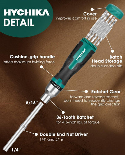 HYCHIKA Ratcheting Screwdriver 16-in-1, Magnetic Ratchet Screwdriver Set, Screw Driver Multi Bit All in One with Phillips, Slotted, Torx, Square, Hex bit and Double End Nut Driver