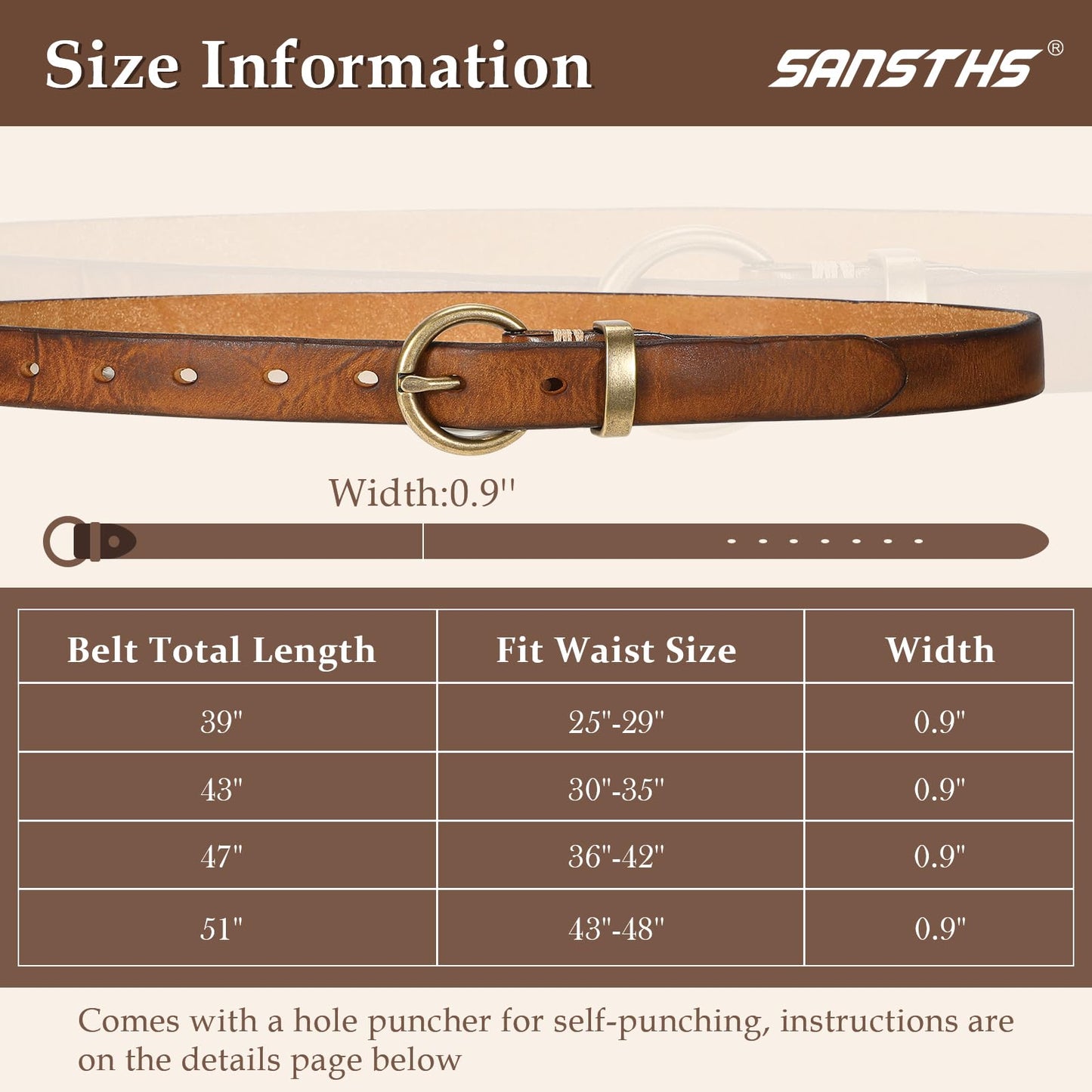 SANSTHS Womens Genuine Leather Belts for Jeans Pants Trendy Vintage Thin Leather Belt Gold Buckle Ladies Skinny Waist Belt,Brown,S