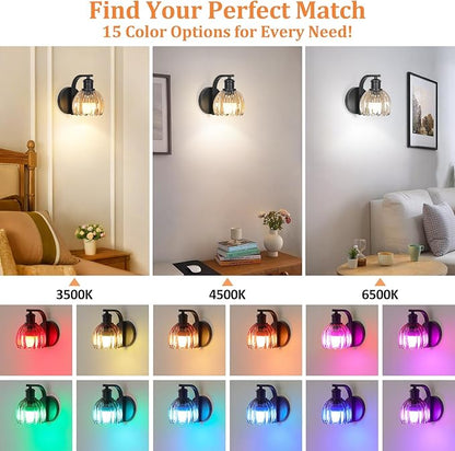 Rechargeable Battery Operated Wall Sconce Set of Two with Amber Glass Lampshade, Wireless Wall Scone Decor with Remote Control, 15 Colors Black Wall Light for Bedside Hallway Bedroom Doorway