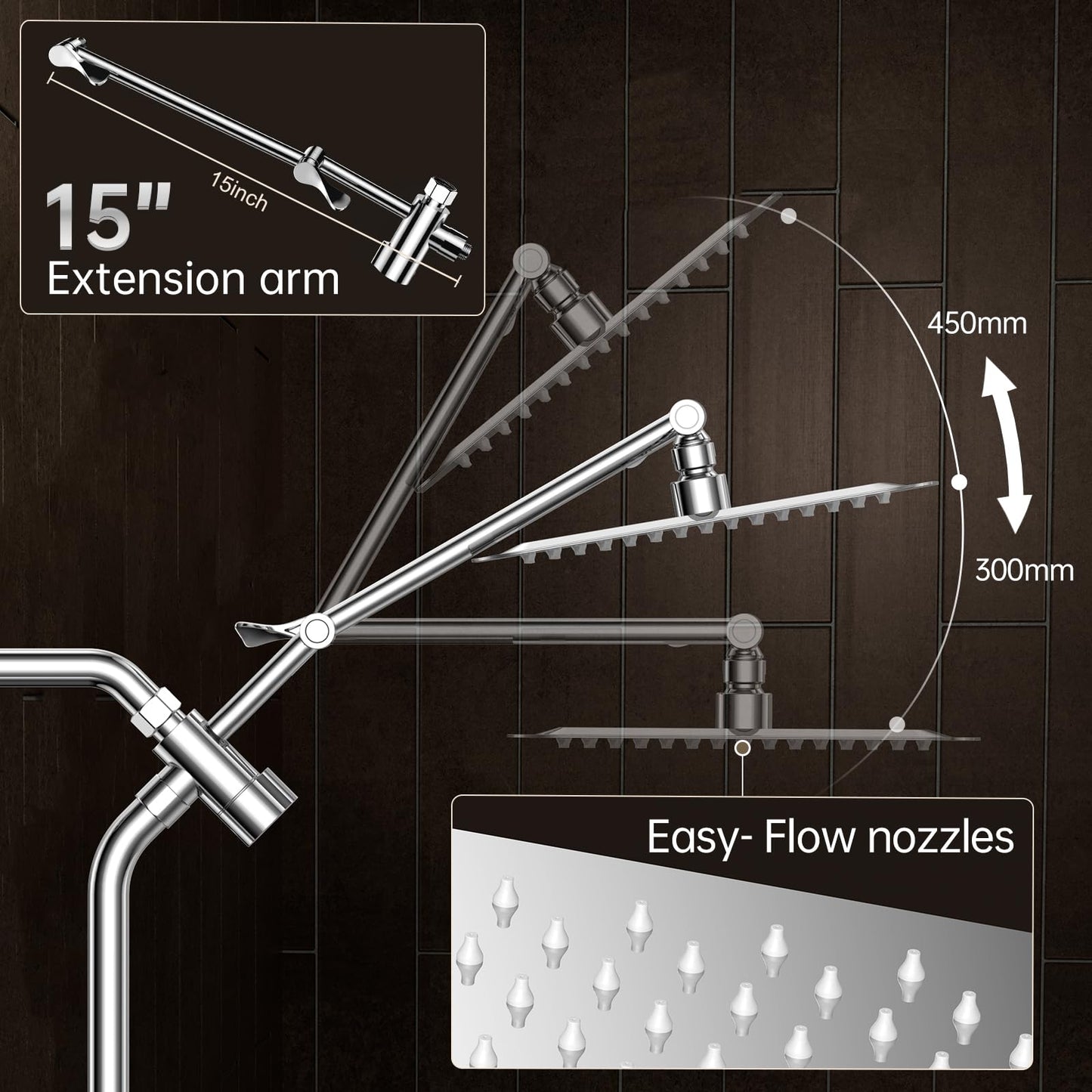 Veken All Metal 10" Shower Head with Handheld, Luxurious Square Double Rain Shower Heads with Spray Combo, Dual High Pressure Detachable Rainfall Showerhead with Extension Arm, Long Hose,Chrome,Sliver