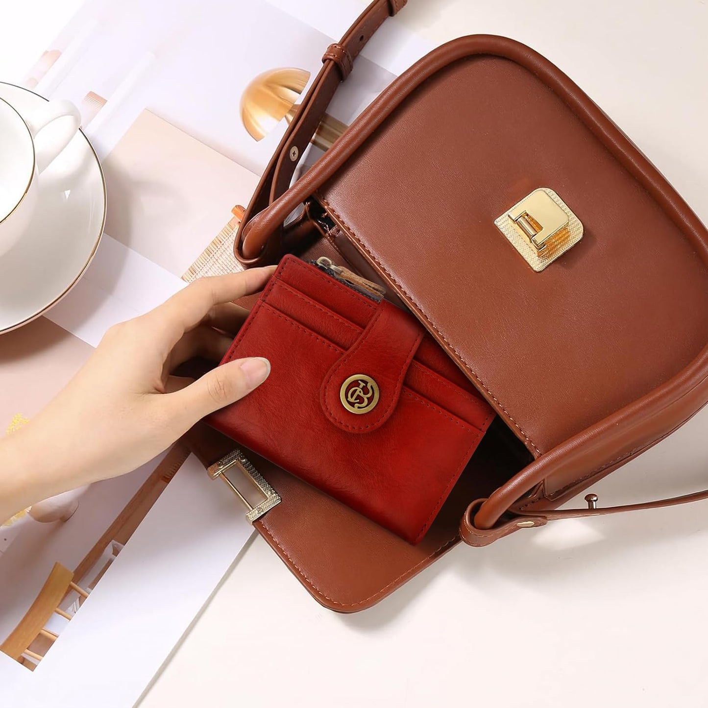 Blucoay Leather Wallet Women,RFID Blocking Small Wallet for Women Bifold Compact Slim Wallet Card Holder With Zipper Coin Pocket(Red)