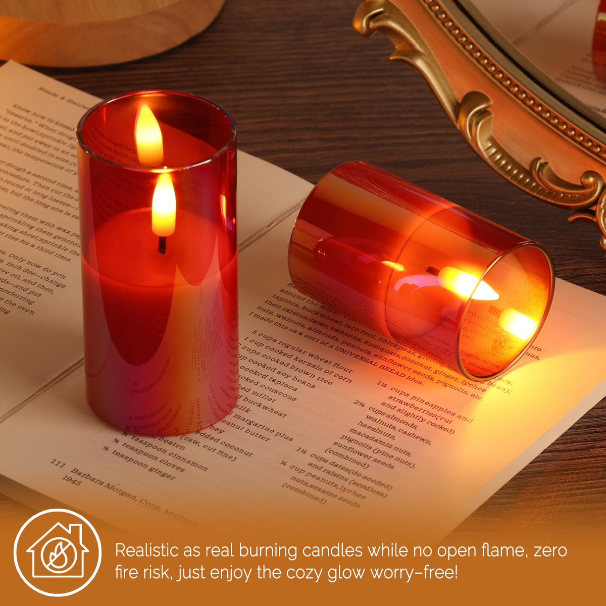 Girimax Red Glass Flameless Candles with Remote Batteries, Flickering Christmas LED Pillar Candles Set of 5