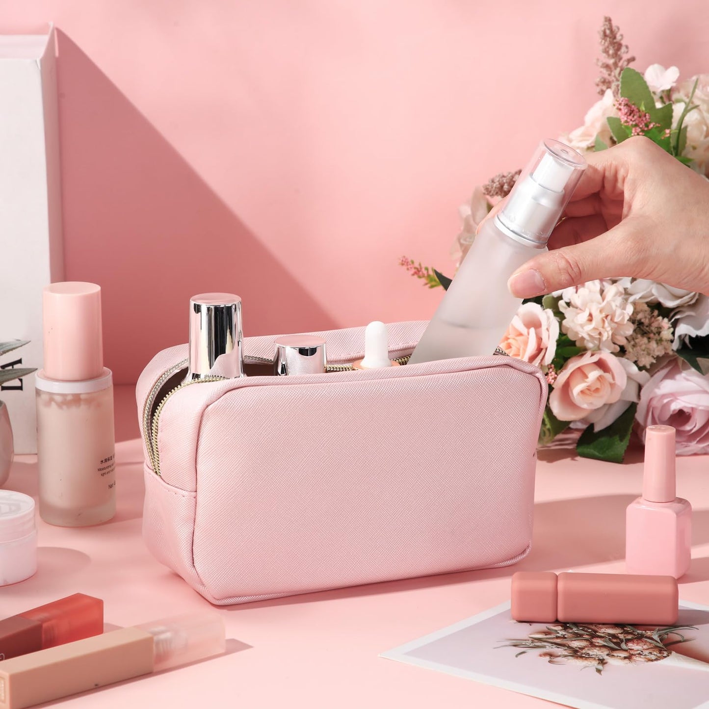 Sweetude 10 Pcs Makeup Bag Bulk for Women Preppy Gift PU Leather Cosmetic Bag Small Skincare Toiletry Pouch Wedding Travel Cosmetic Pouch for Bridesmaid Bride Mother Gift Favors (Rose Gold)