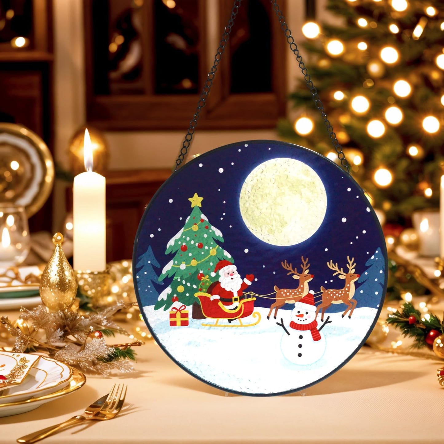Christmas Stained Glass Suncatcher Window Decor with Santa, Reindeer, Snowman Home Decoration Indoor for Bedroom Living Room Door Wall for Women Men Friend Parent Lover, 7.8 Inch
