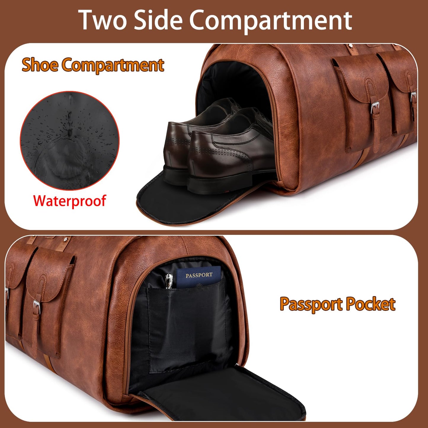 Garment Bag for Travel, Convertible Carry on Garment Duffel Bag for Men 3Pcs, Faux Leather Waterproof Large Weekender Bag for Men 2 in 1 Hanging Suitcase Suit Dress Business Travel Bag