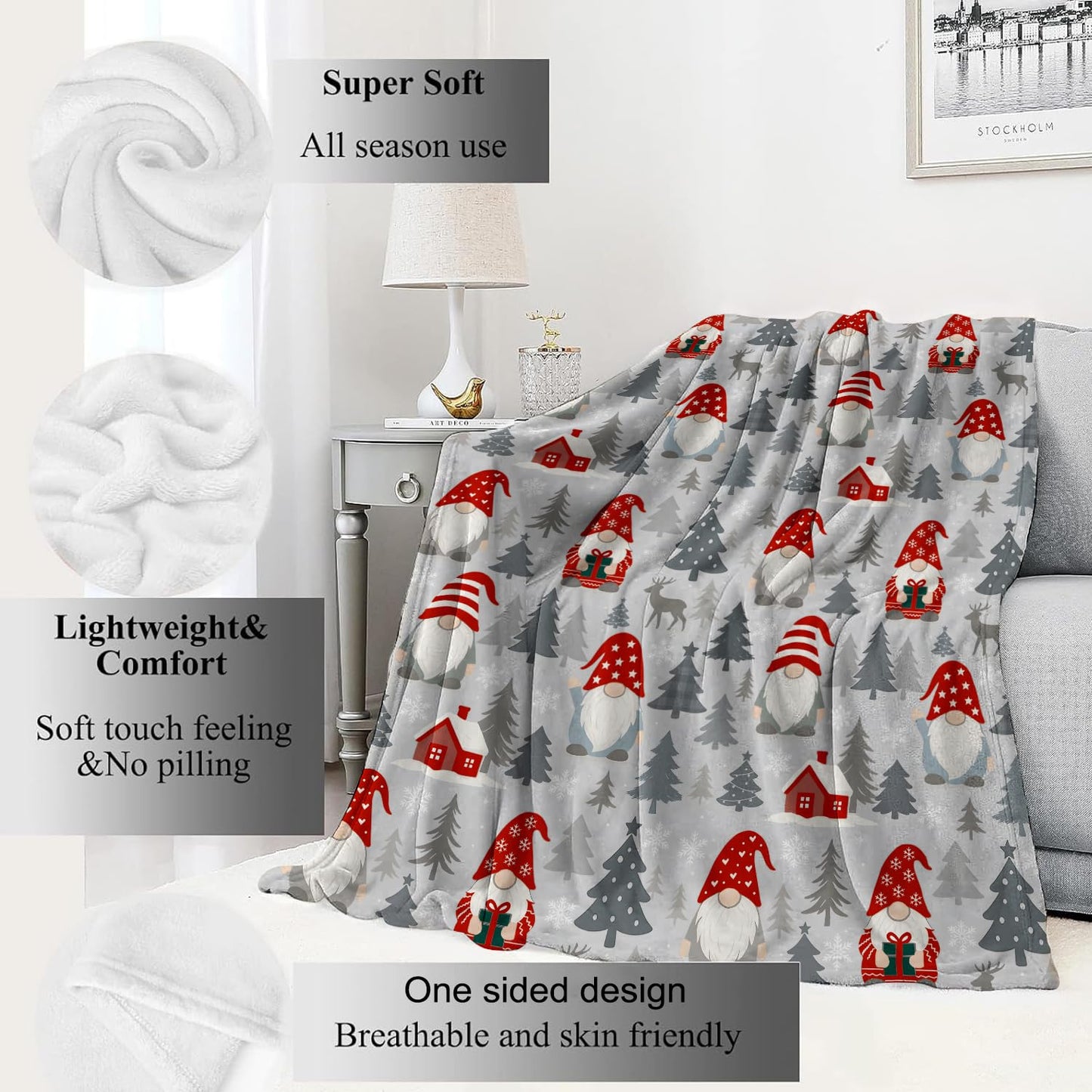 VODRM Gnome Blanket Christmas Nordic Holiday Decor Cute Xmas Throw Gifts for Kids Adults Lightweight Fleece Red Hat Cabin Snowy Tree Reindeer Blankets for Festive Winter Decoration 60x80in