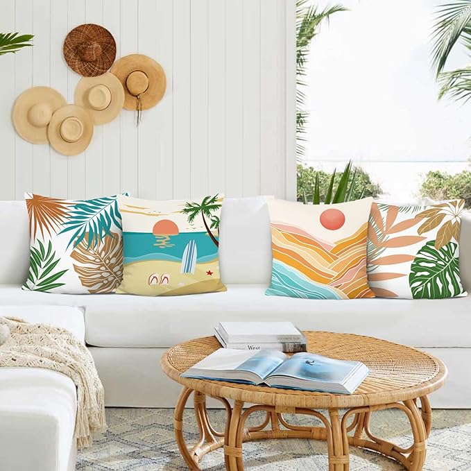 Bonhause Tropical Beach Outdoor Pillow Covers 18x18 Inch Set of 4 Summer Palm Hawaii Decorative Pillowcase Soft Velvet Cushion Covers for Couch Sofa Garden Yard Home Decor