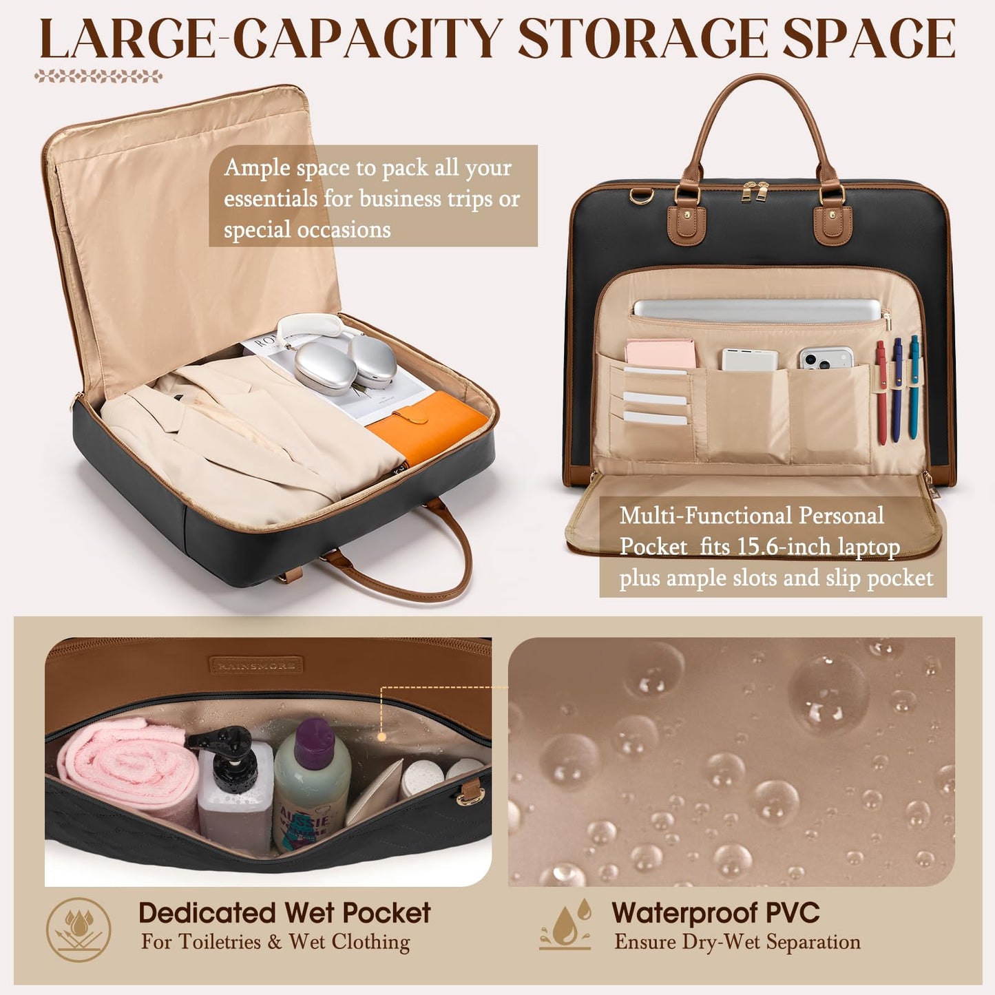 RAINSMORE Garment Bag for Travel Womens Hanging Suit & Dress Travel Bag Foldable Garment Duffle with Pockets & Strap, Carry On Compatible