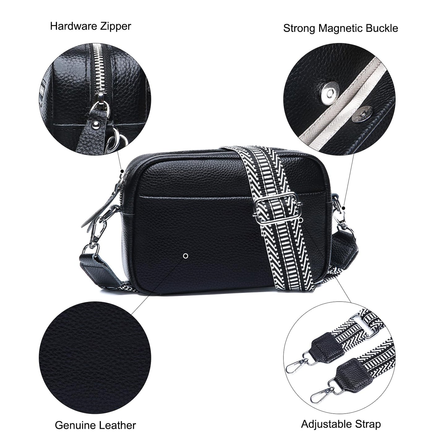 Utenwat Small Crossbody Bags for Women Genuine Leather, Guitar Strap Shoulder Handbag Purse Camera Bag with Rfid Card Slots, Black