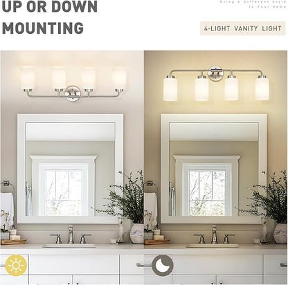 zeyu Brushed Nickel Bathroom Vanity Light, 4-Light Modern Wall Sconce Lights, Milky White Frosted Glass Shades, ZS62B-4W BN