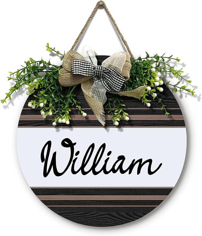 Personalized Front Door Signs with Wreath Custom Rustic Family Name Round Wooden Sign with Bow Welcome Farmhouse Customized Hello Door Hanging Sign for Home Wall Outdoor Indoor 12x12 Inch