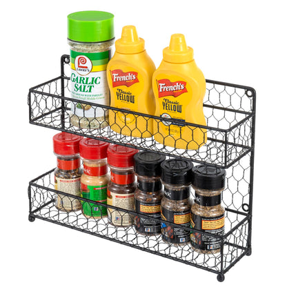 MyGift® Farmhouse Style Metal Wire Spice Rack - Wall Mount or Kitchen Countertop 2-Tier Seasoning Jar Storage Organizer, Black