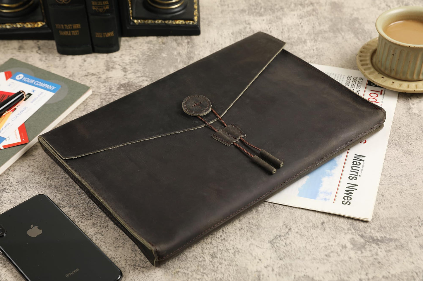 GZRHKJ Genuine Leather Envelope Document Holder， Leather File Folder Organizer，Envelope Document Holder for Men&Women, Personalized Folio Laptop Sleeve Case for 15" Laptops, Tablets