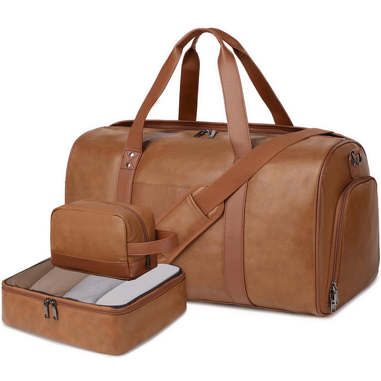 Wogarl 3PCS Faux Leather Weekender Bag for Women Men Large Overnight Bags Travel Duffel with Shoe Compartment Toiletry Packing Cube Carry On Tote Fit 21" Laptop(Light Brown)