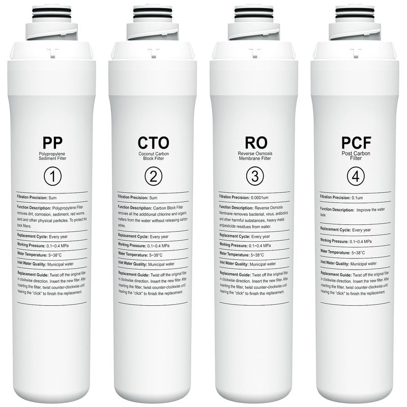 ROPOT 4-Pack Replacement Filter Set Compatible with Bluevua RO100ROPOT RO100ROPOT-UV RO System (1 PP, 1 CTO, 1 RO, 1 PCF)