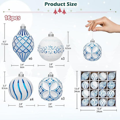 16PCS Shatterproof Christmas Ball Ornaments Set, Hand-Painted Holiday Decor with Assorted Sizes & Designs for Christmas Tree Thanksgiving Party Decoration, Blue-White