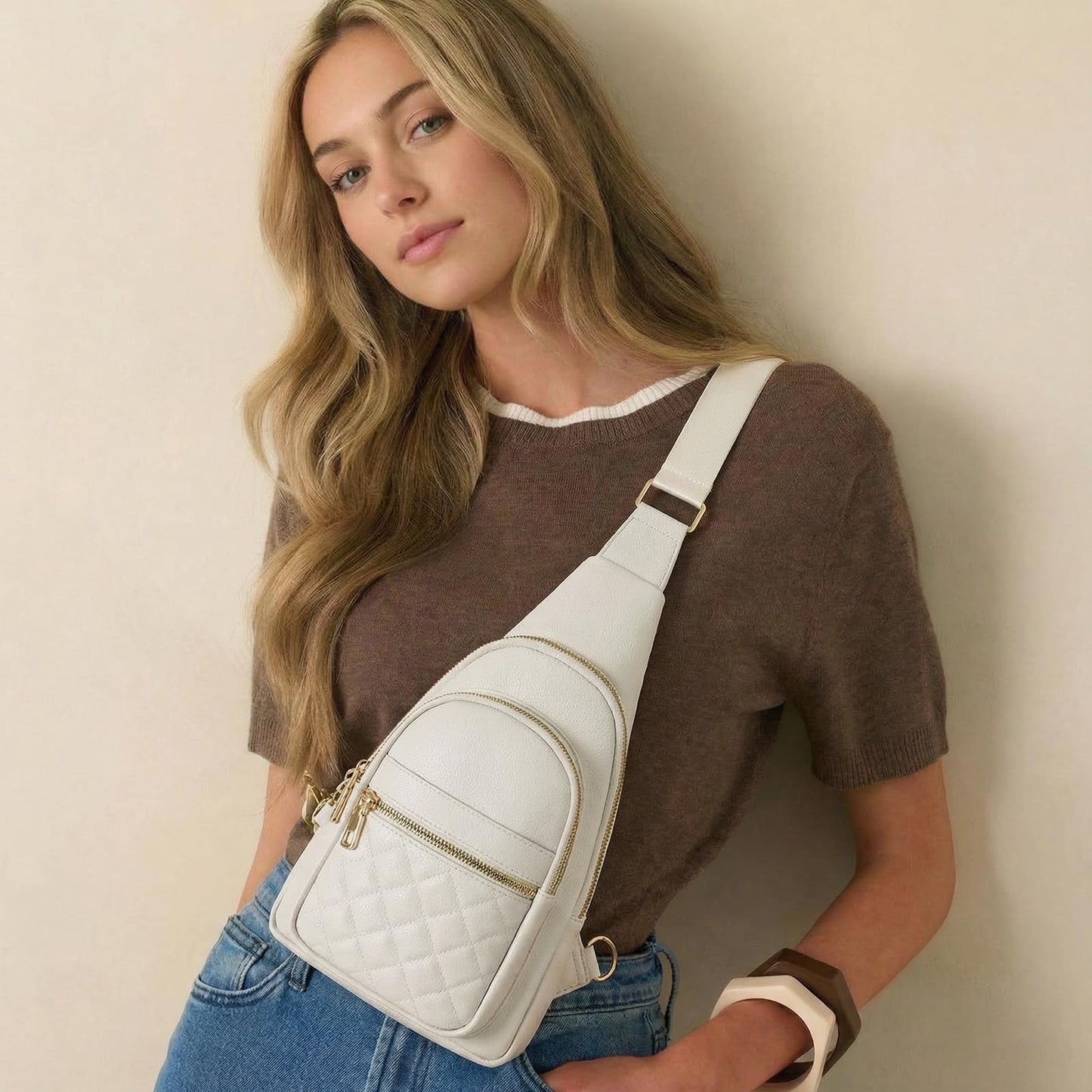 JASGOOD Women Anti-theft Crossbody Sling Bag, Leather Chest Bag Sling Backpack for Fashion Travel,White