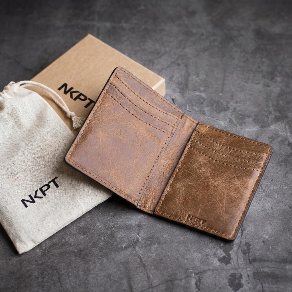 NKPT Slim Leather Credit Card Holder Wallet for Men | Full-Grain Leather, RFID Blocking, 6 Card Slots | Brown and Tan