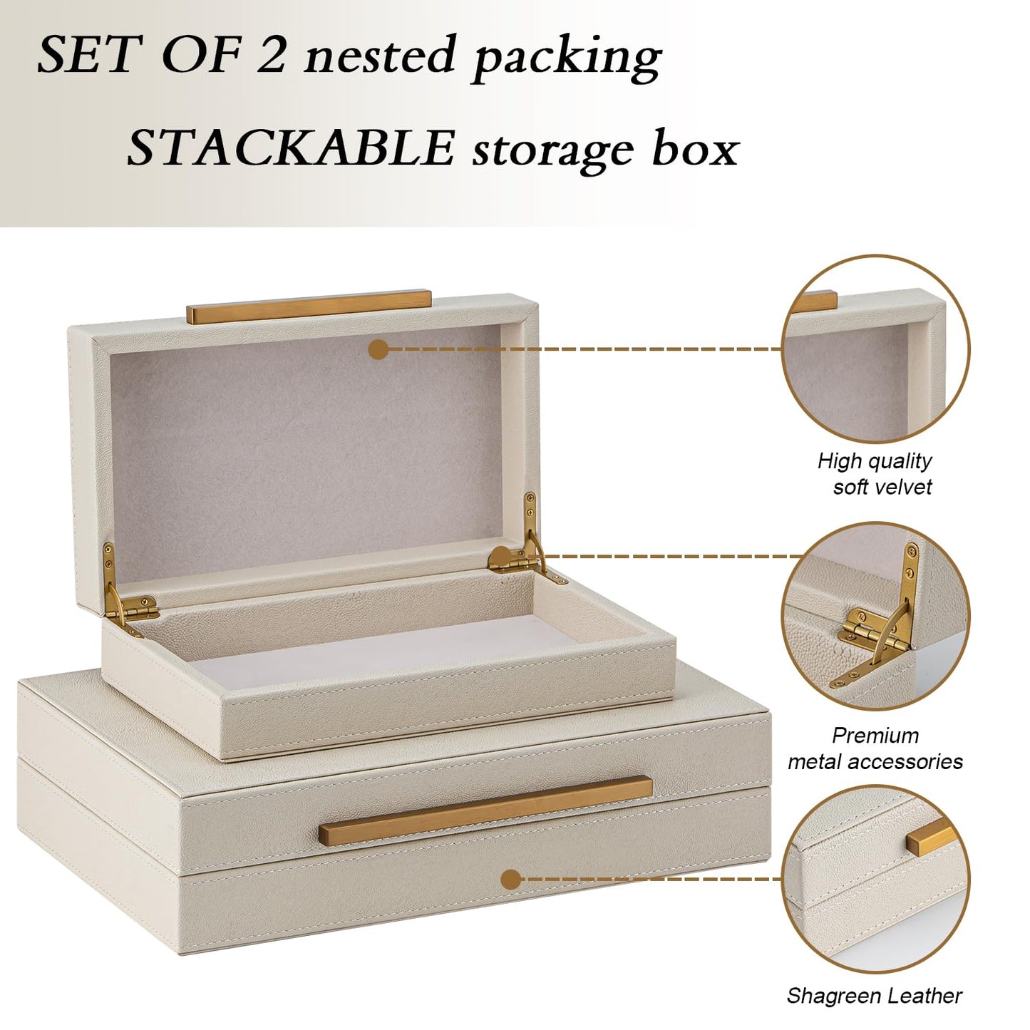 SYYSY Set of 2 Beige Shagreen Decorative Storage Boxes with Gold Metal Handles – Faux Leather Jewelry & Memory Boxes, Nesting Photo Organizers for Home Decor