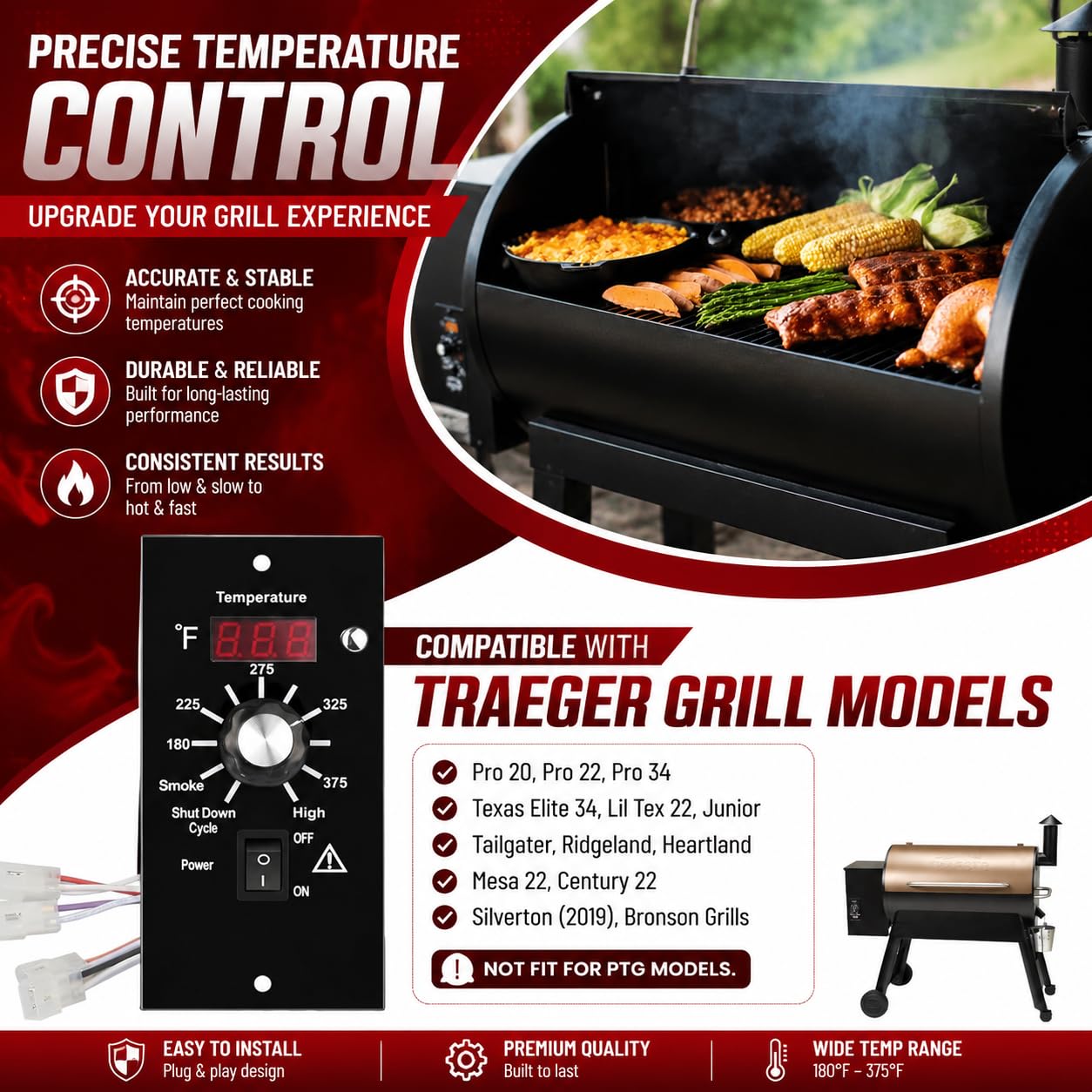 Controller Kit for Traeger BAC236, BAC365, BAC283, etc. (NO Temp Probe Ports) - Fits Bronson 20, Pro 22/34, Texas Elite 34, Lil Tex, Tailgater & More (Excl. PTG/Ranger/Scout)