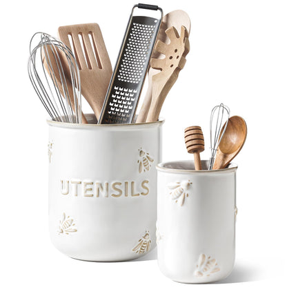 LE TAUCI Kitchen Utensil Holder Set of 2 - 6.9"+5.3" Large Ceramic Cooking Utensil Crock & Organizer for Spatula, Spoon, Whisk - Farmhouse Countertop Storage, Arctic White, Embossed, Bee