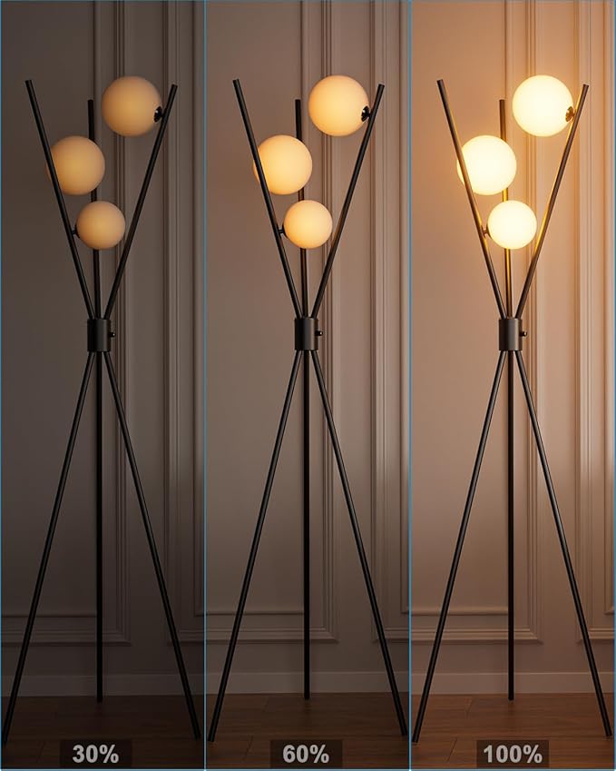 Lightdot 60IN Dimmable Tripod Floor Lamp Mid Century Black Standing Lamps with 3Pcs 3000K G9 Bulbs Globe Eye Care&Stable Base Modern Tall Lamp for Living Room Bedroom Office