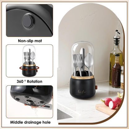 EXIN DECHEN 360° Rotation Silverware Organizer for Kitchen Counter,Utensil Holder Caddy Silverware Caddy Holder for Party,Spoon and Fork Organizer,7 Slots and Intermediate Drainage Device with Cover
