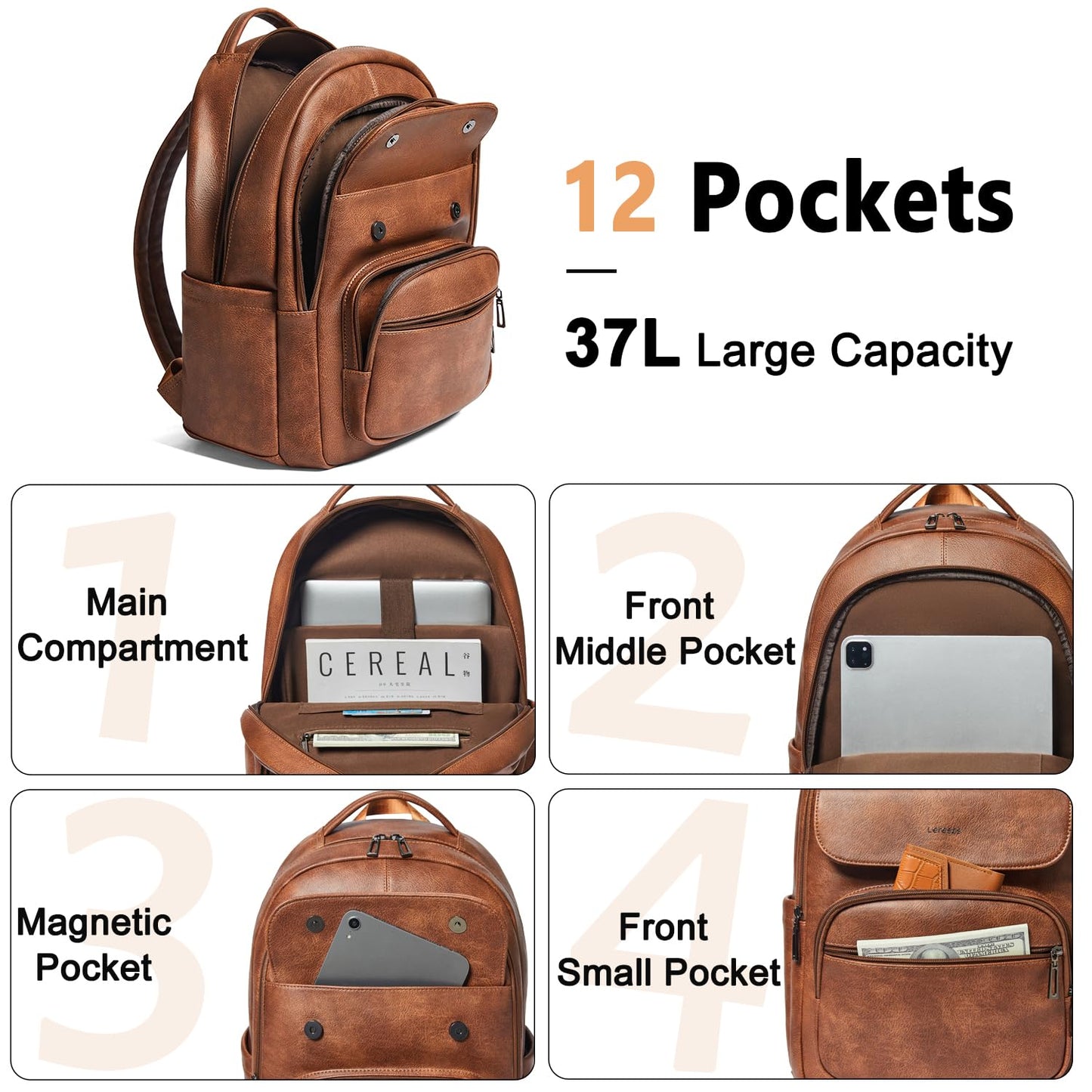 Leresas 37L Vegan Leather Backpack Purse for Women Mens Travel Backpack Work Laptop Teacher BackPack College Daypack Business Backpack Office Bag Brown