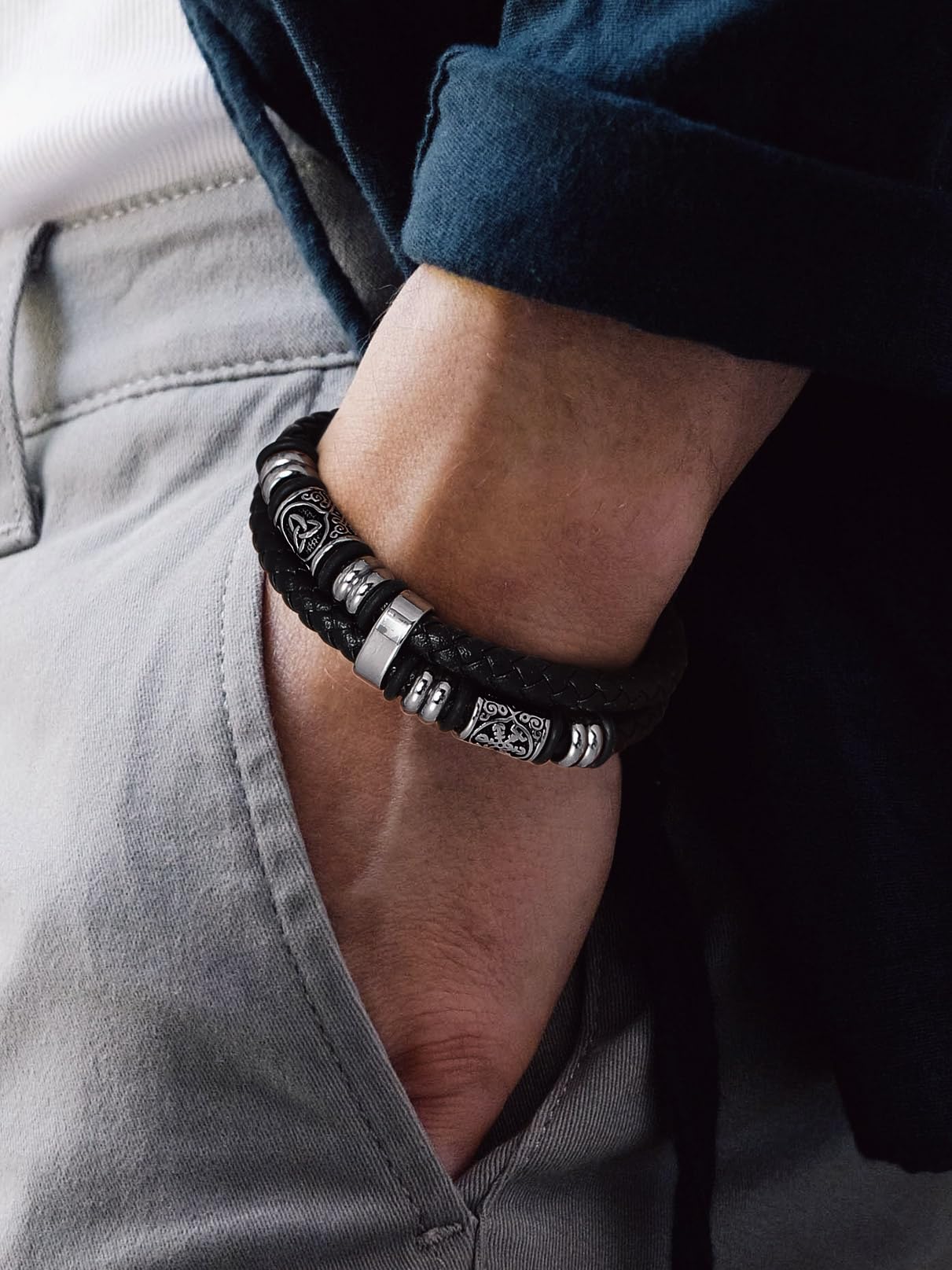 Bandmax Men's Norse Bracelet 8 inch Viking Celtic Knot Beads Bracelets Black Leather Braided Rope Wristband for Men Son Husband Grandson Gift For Father's Day Birthday Christmas Graduation