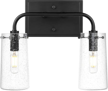 XiNBEi Lighting Bathroom Light Fixtures, Modern 2 Light Vanity Lights with Seeded Glass Matte Black Bath Wall Mount Fixture Over Mirror XB-W1283-2-MB