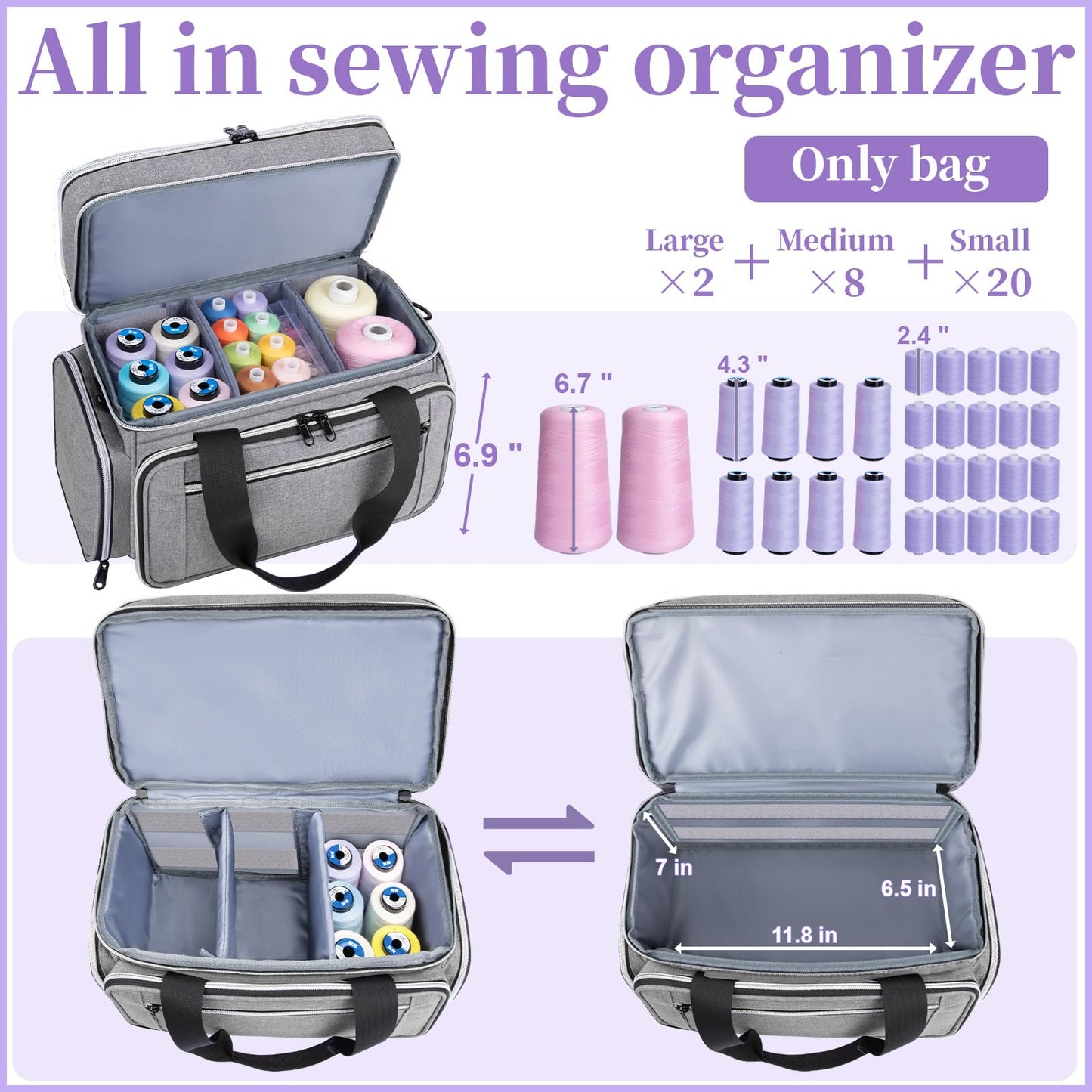 Anitor Large Sewing Supplies Organizer, Double Layer Sewing Storage Organizer with Two Detachable Dividers, Travel Sewing Bag Organizer with Shoulder Strap for Accessories, Gray, (Bag Only)