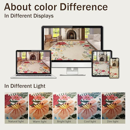 Washable Entryway Small Area Rugs: Door Mat Indoor Entrance 4x6 Floral Rug Ultra Thin Stain Resistant Non Slip Low Pile Lightweight Carpet for Bedroom, Kids Room, Farmhouse Decor (Beige)