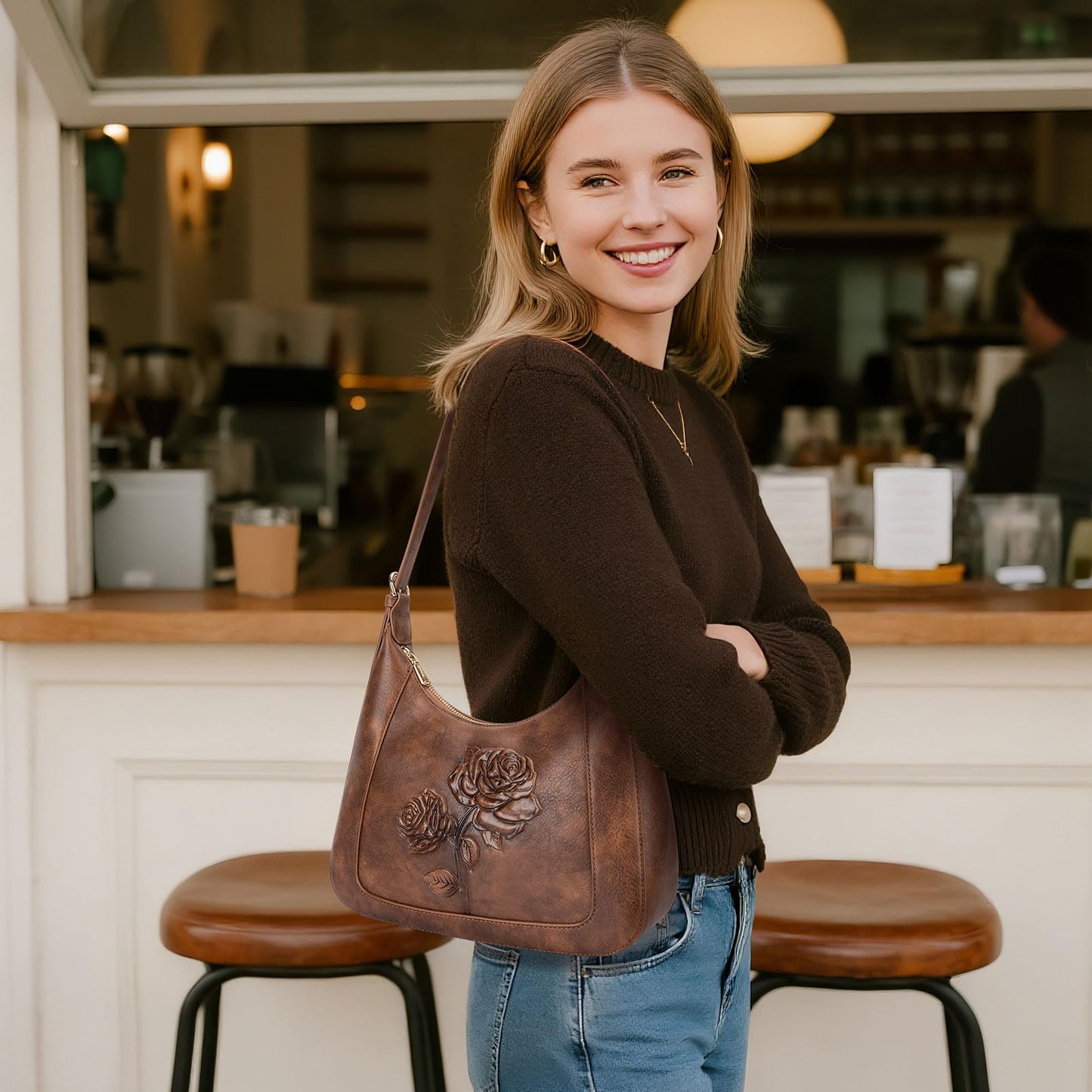 VIMUTI Small Shoulder Bag for Women, Vegan Leather Embossed Hobo Purse with Underarm Strap, Compact Daily Handbag (Brown)
