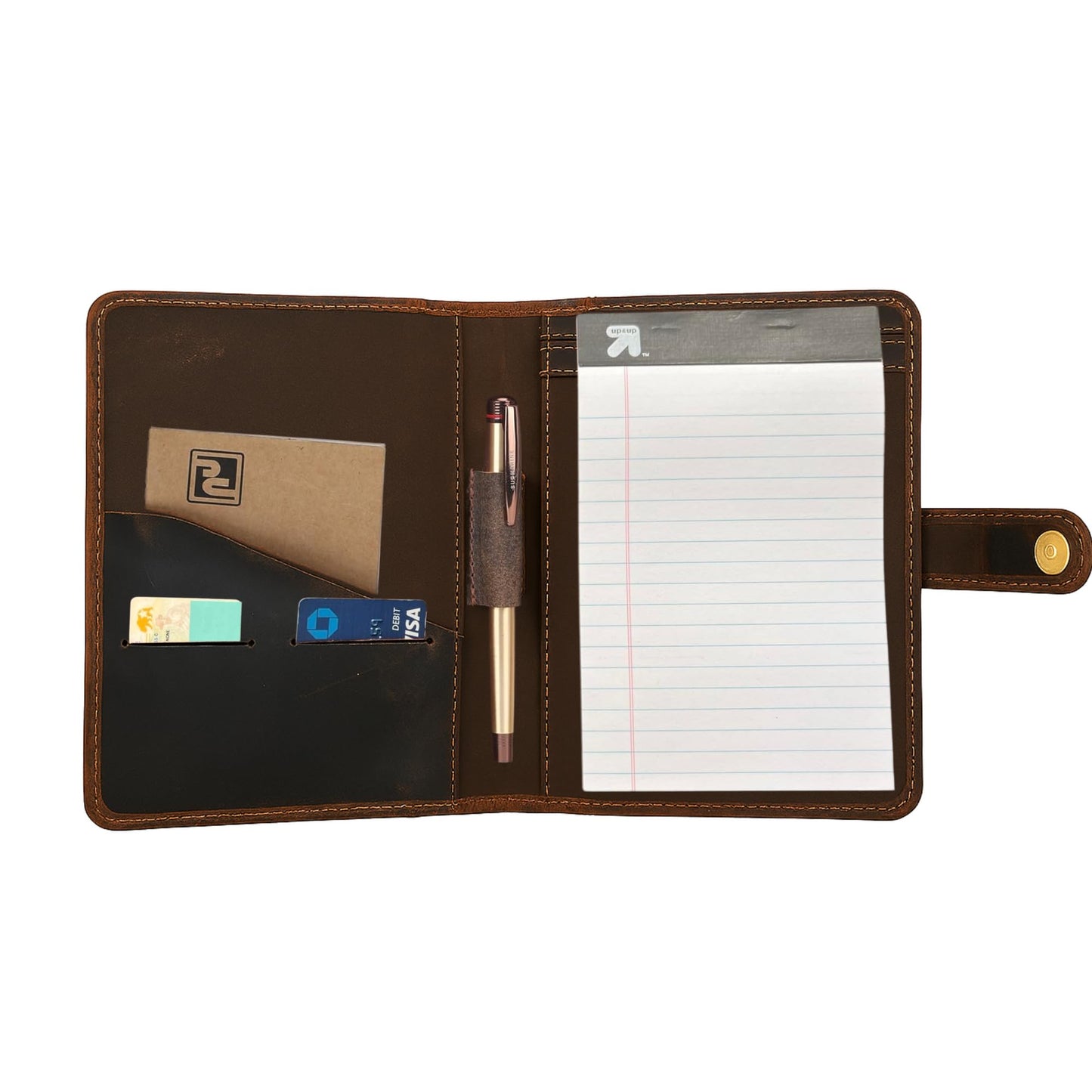 PavinCrafter Brown Leather Junior Padfolio 5x8, Small Bifold Business Portfolio Folder for Men & Women, Compact Legal Pad Holder with Pen Loop, Card Holder with Document Pocket, Interview Organizer